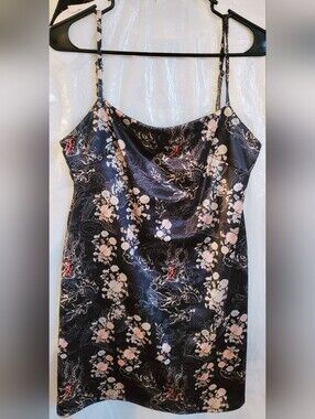Urban Outfitters Black Slip Dress with Cream Floral & Dragon Motif